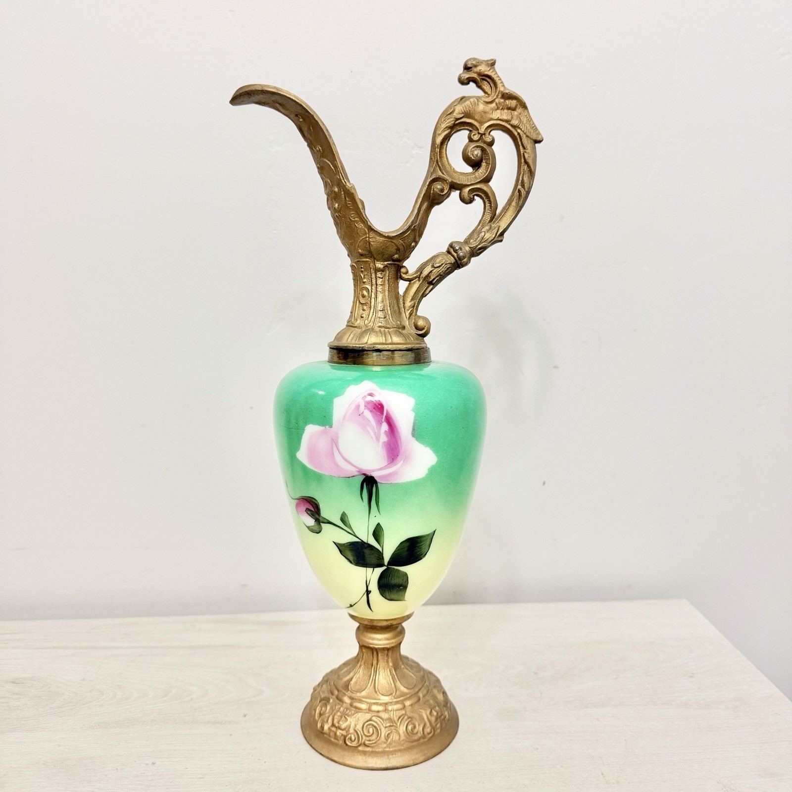 Antique Style Hand Painted Opaline Glass Ewer Griffin Dragon Spelter 15”