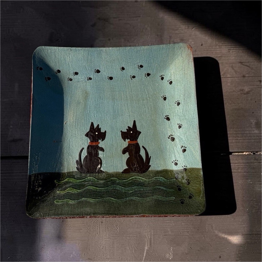 David Eldreth Redware Plate Signed Vintage PA Folk Art Pottery Scottie Dog Rare