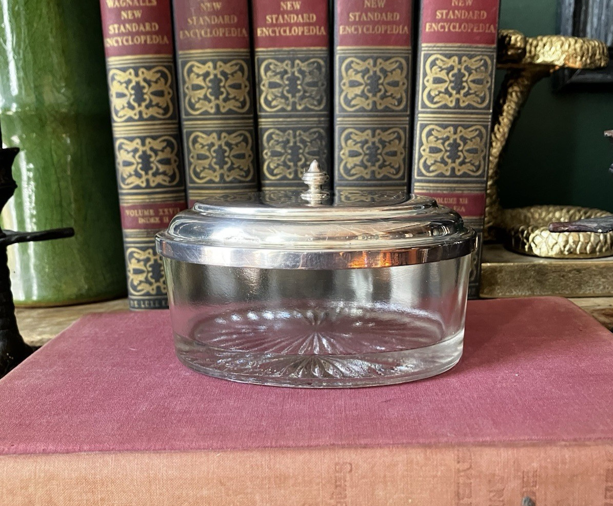 Vintage Pressed Glass Vanity Trinket Box Silver Plated Lidded Starburst Jar Deco