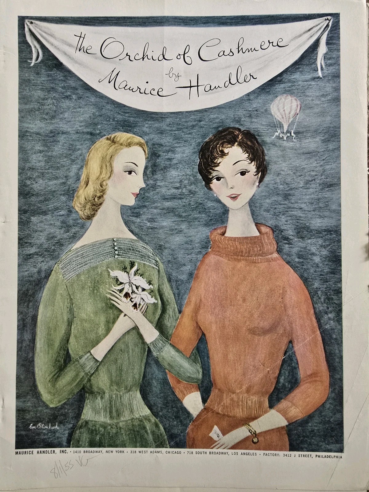 1955 Women\'s Maurice Handler Cashmere Sweaters Carol Blanchard Art AS IS Ad 