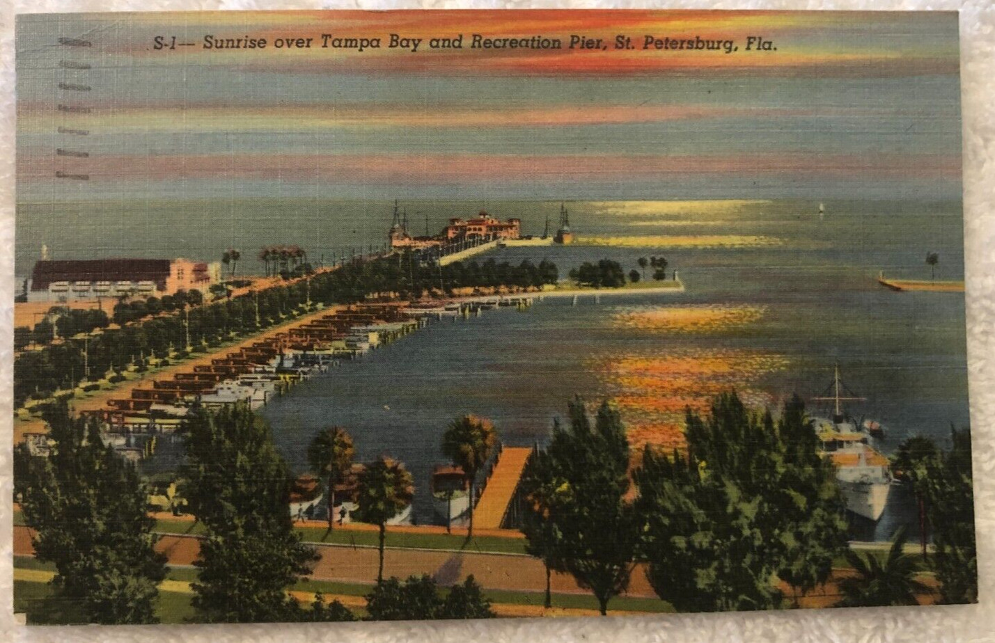 Post Card FL St Petersburg Sunrise over Tampa Bay & Pier Posted 1956,