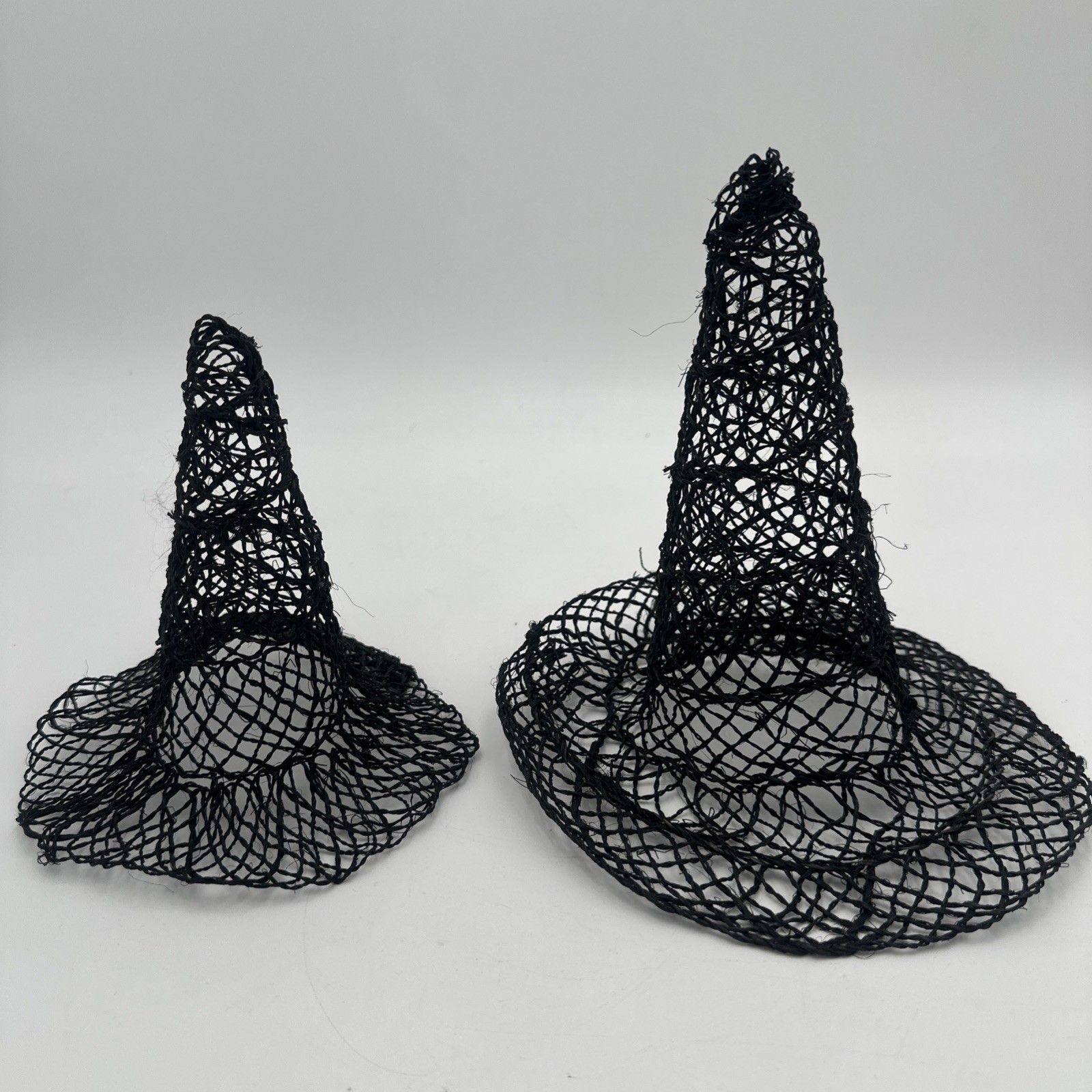 2- Vintage Black Mesh Abaca Witch Hat 6” And 7” Halloween Decoration