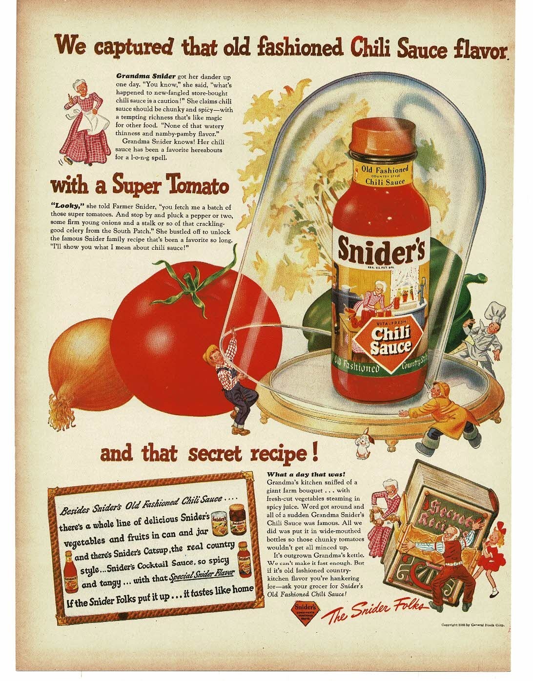 1946 Snider\'s Chili Sauce in bell jar Little People Vintage Print Ad
