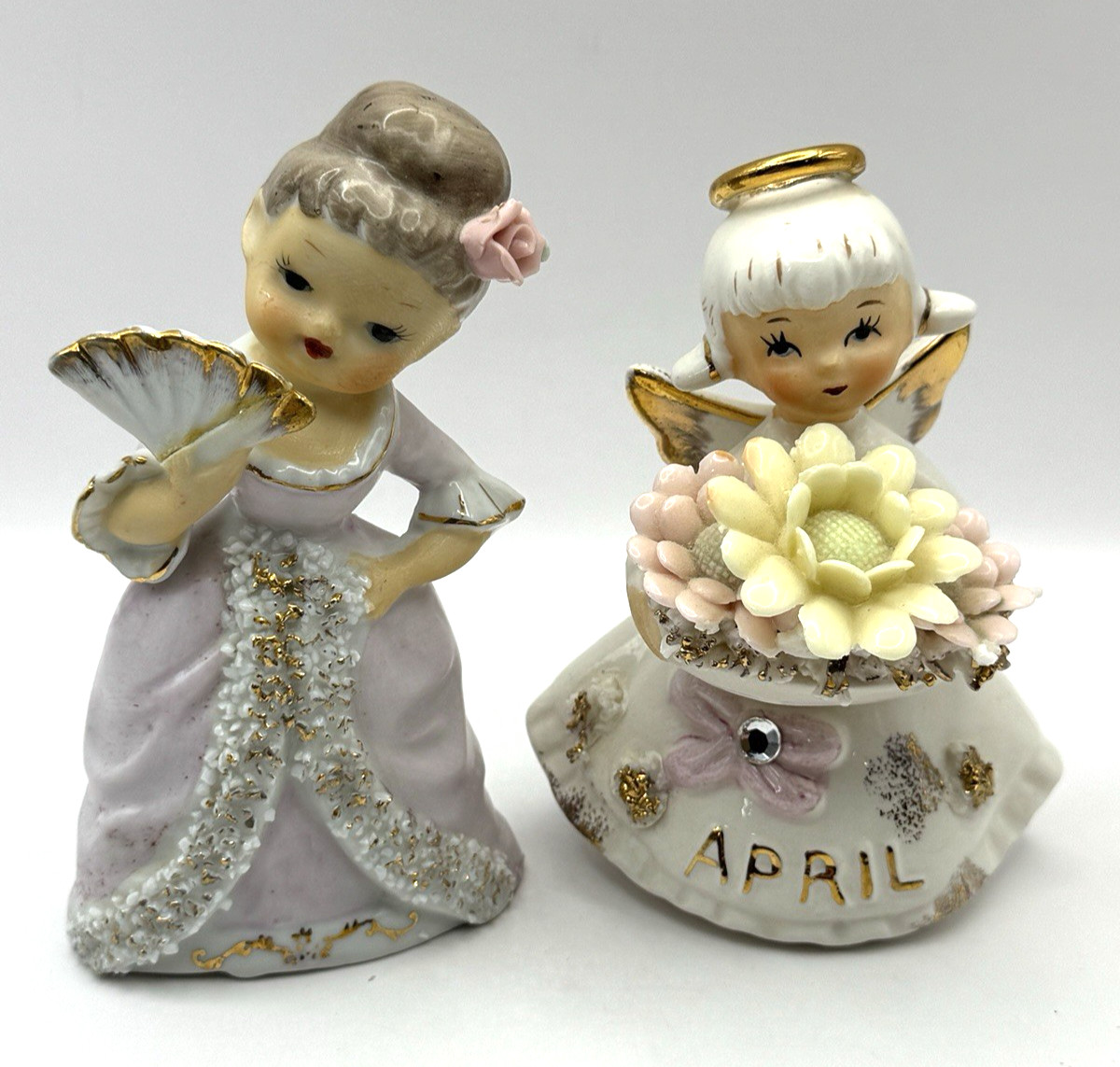 Lefton April Daisy Diamond Angel & Lady with Fan Figurines 4.75” - REPAIRED