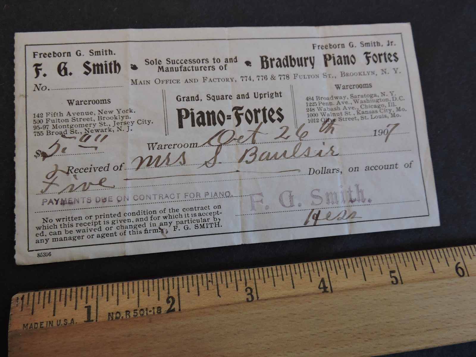 Rare 1905-10 Piano Receipt Bradbury Brooklyn NYC New York City