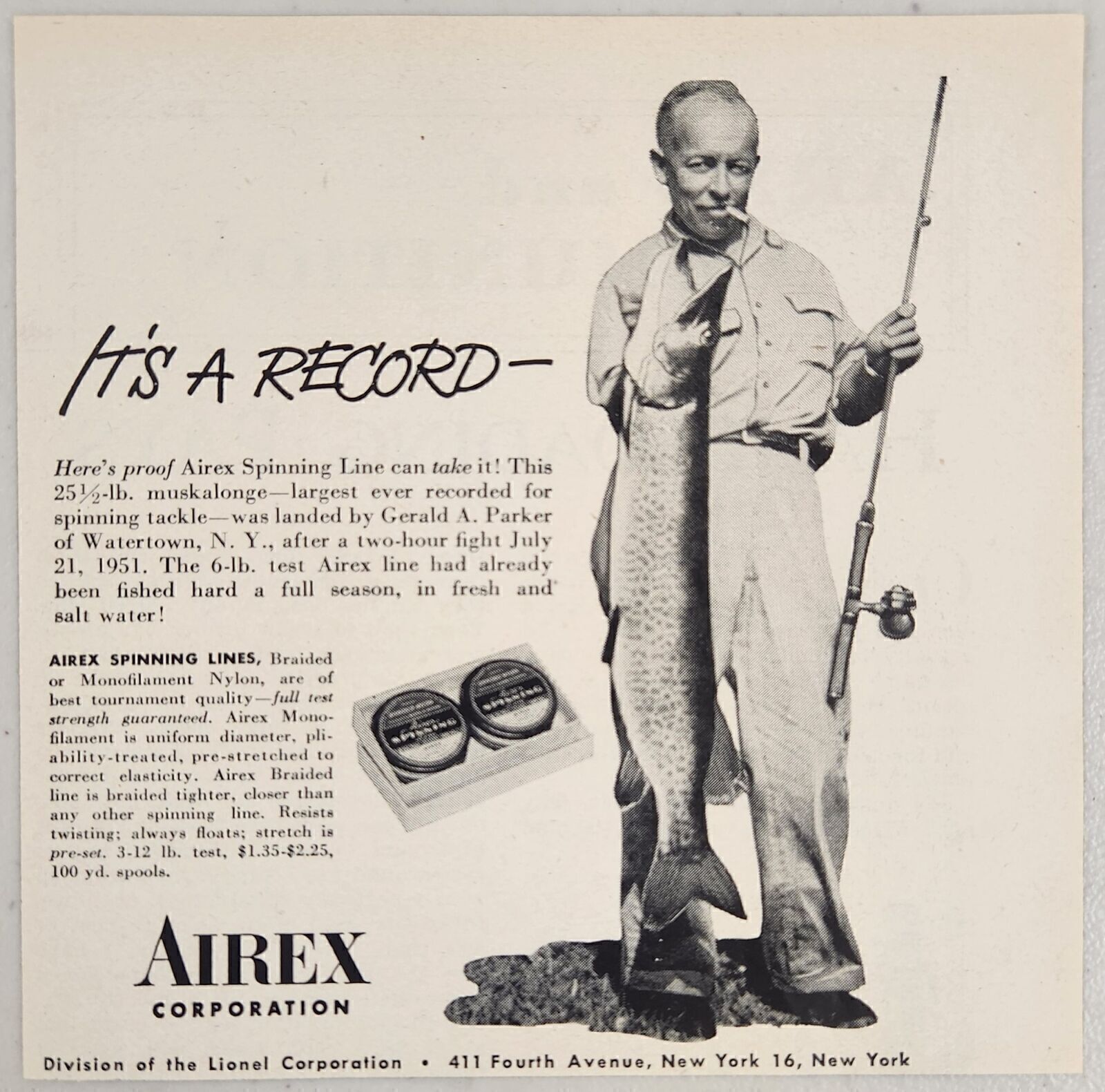 1952 Print Ad Airex Spinning Fishing Lines 25-LB Muskie Lionel New York,NY