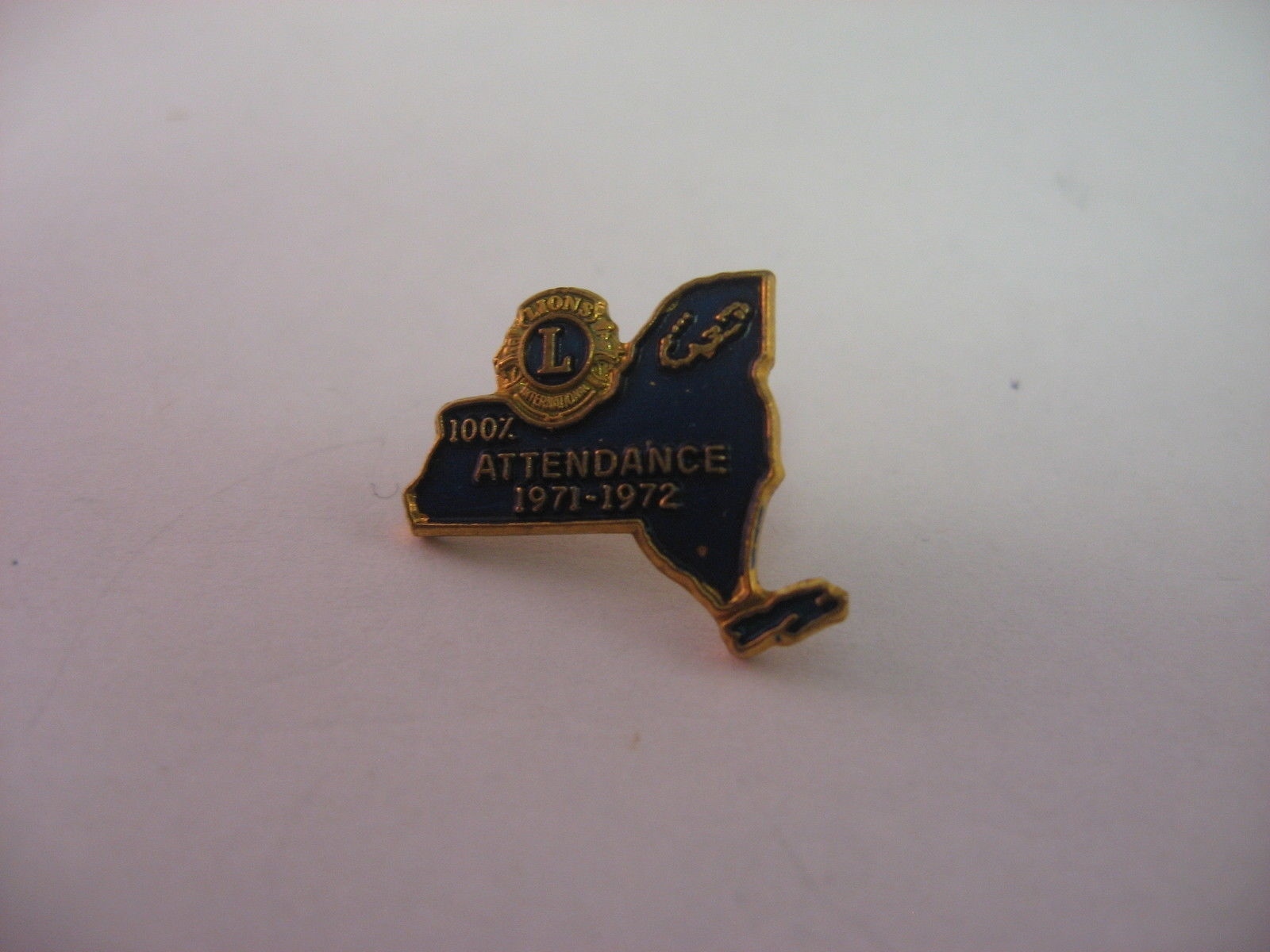 Vintage 1971-72 Lions Club Pin 100% Attendance Award New York State Shape Enamel