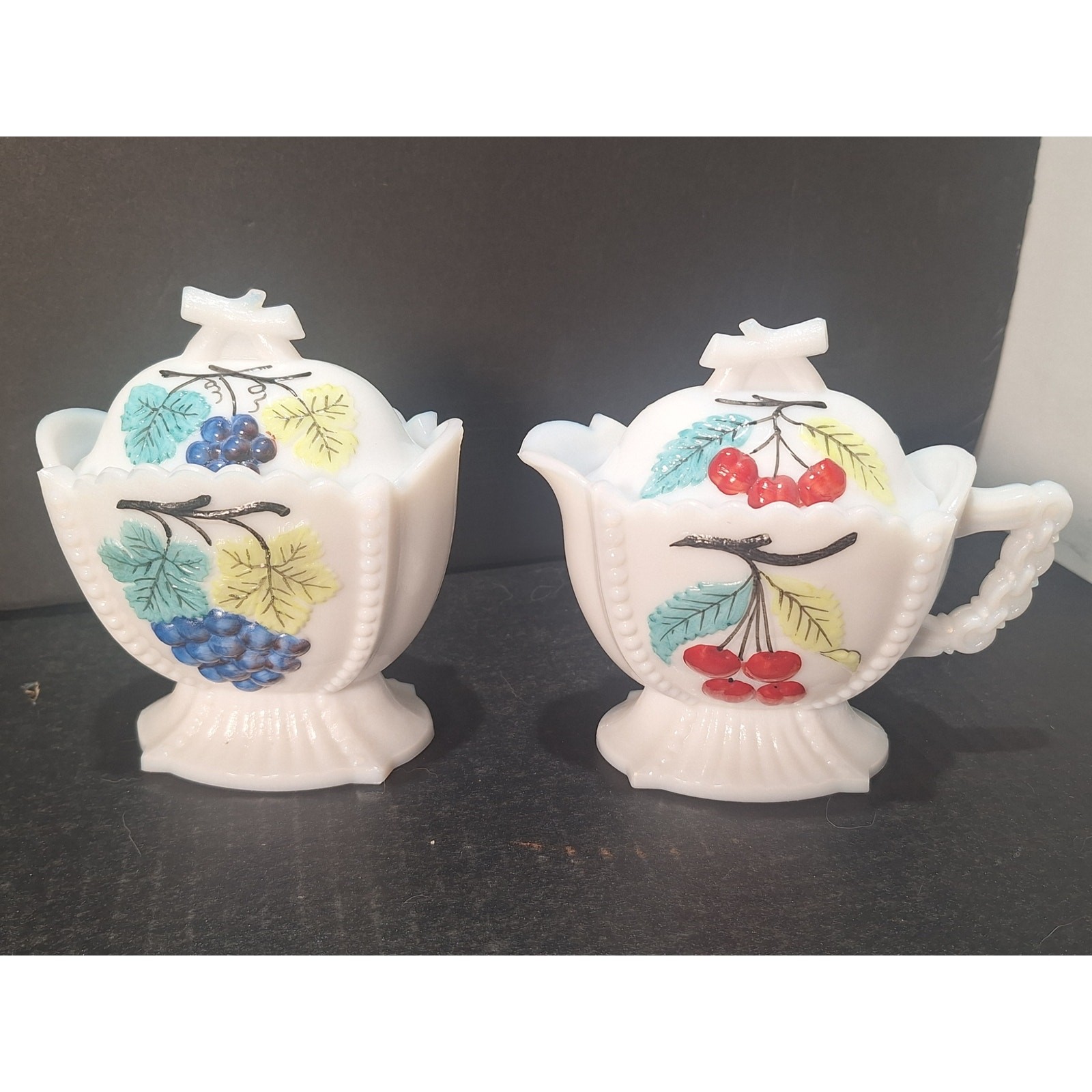 Vintage Westmoreland Milk Glass Jam Jelly Jar Set Grape Cherry Lids MCM- Mint