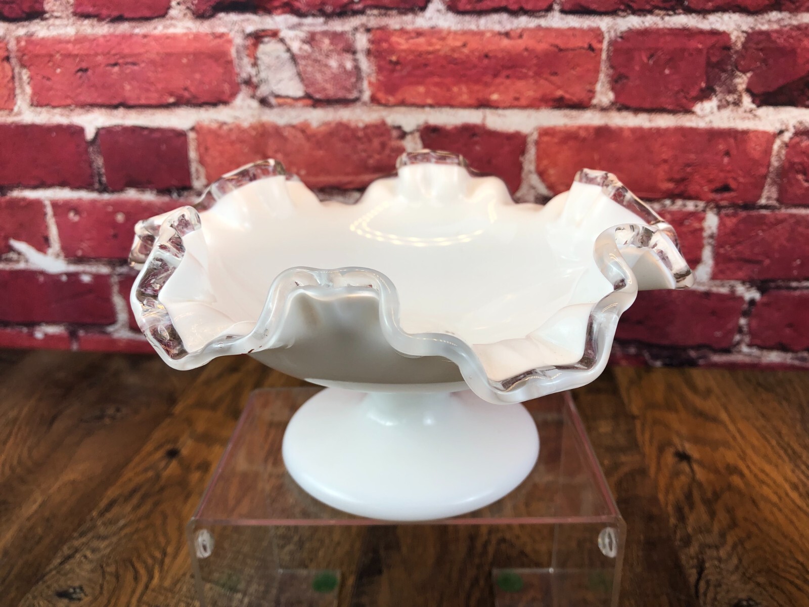 Vintage - FENTON MILK GLASS WHITE Silver Crest Compote RUFFLE BOWL - 7