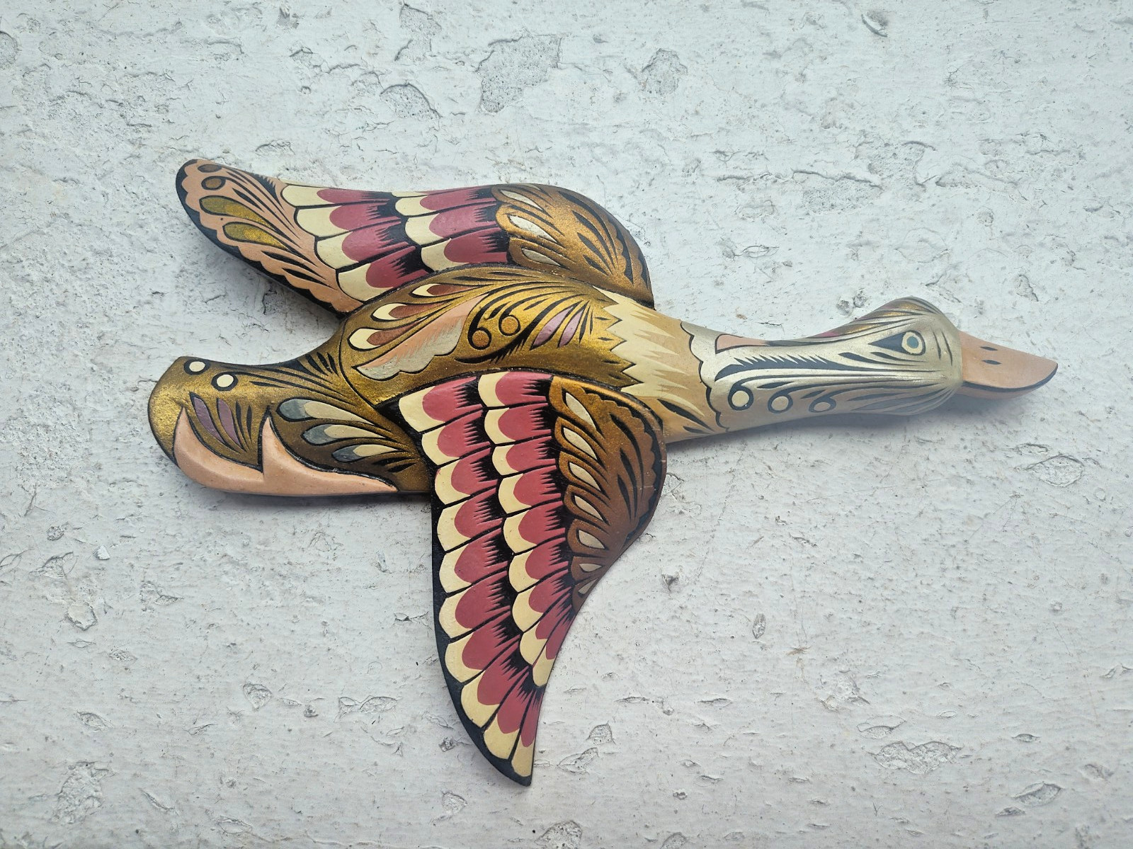 VTG Hand-Carved & Painted Latin America, Wooden Duck Wall Art Decor 9''