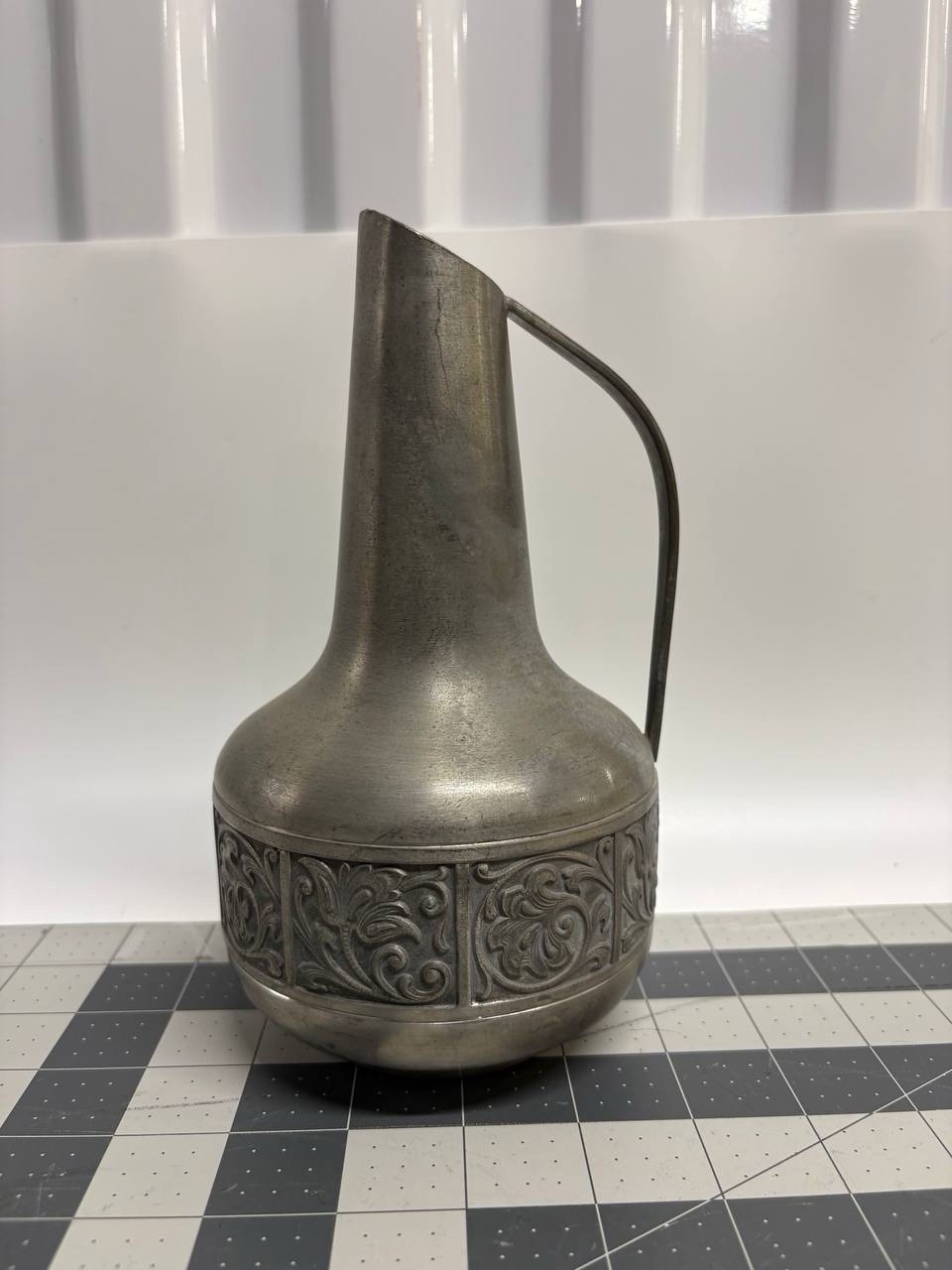 Vintage Savo Pewter Water Pitcher Made in Norway Ornate Scrollwork Design #497