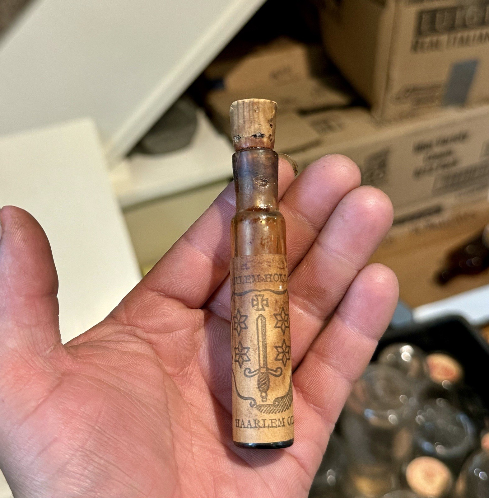 Haarlem Holland Haarlem Oil Rare Early Blown Labeled Medicine Bottle Sword 1880s