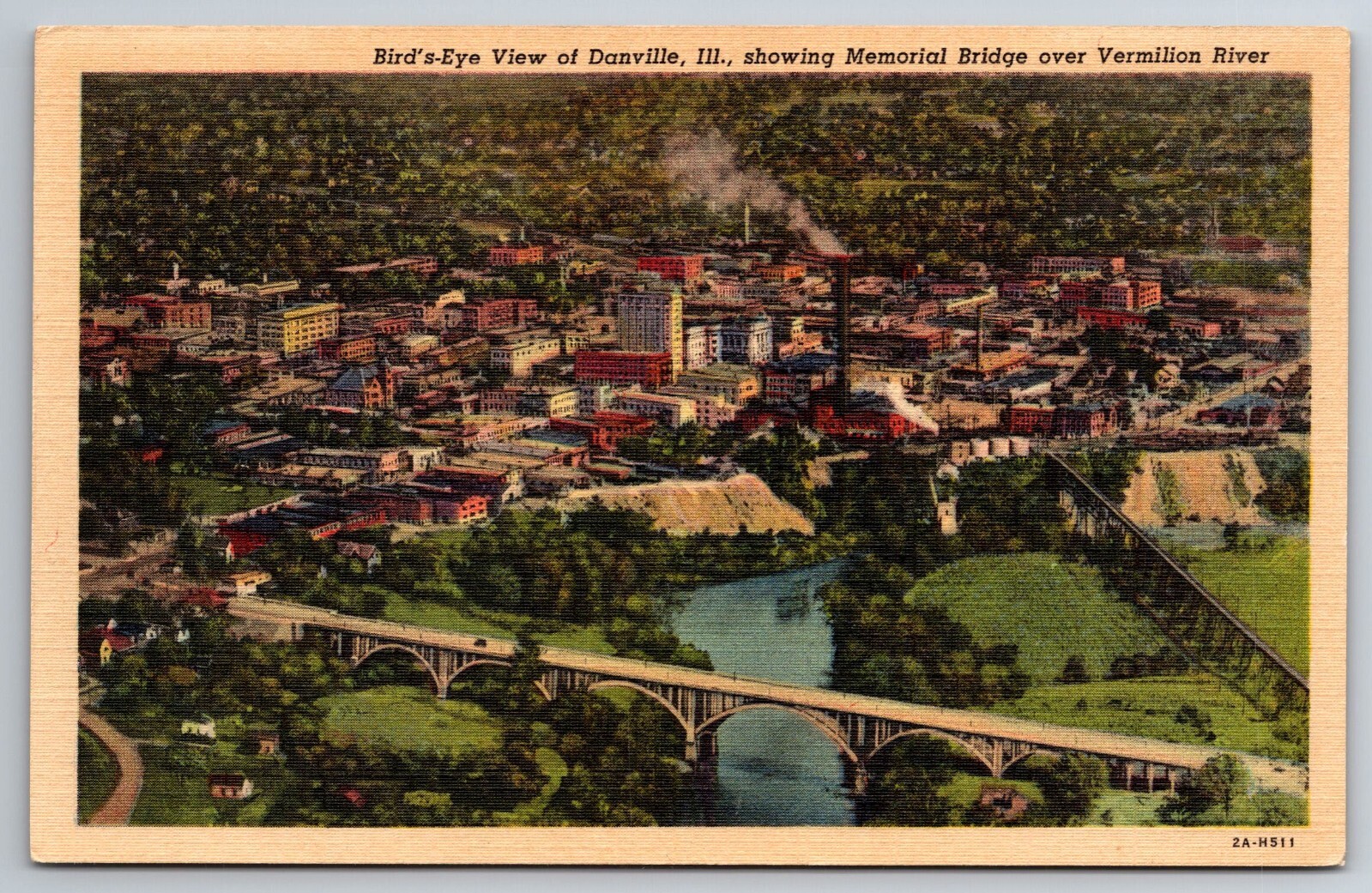 Vintage Postcard IL Danville Memorial Bridge Vermillion River Aerial View -5998