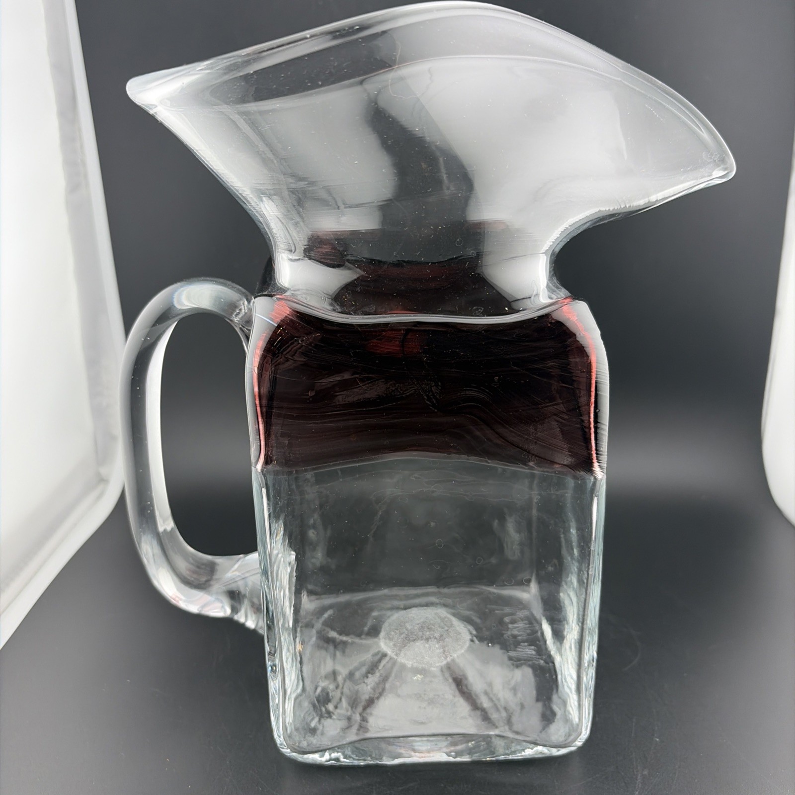 Signed William Salas Hand blown Wide Rimmed Pitcher, Purple Band 9.5” Tall