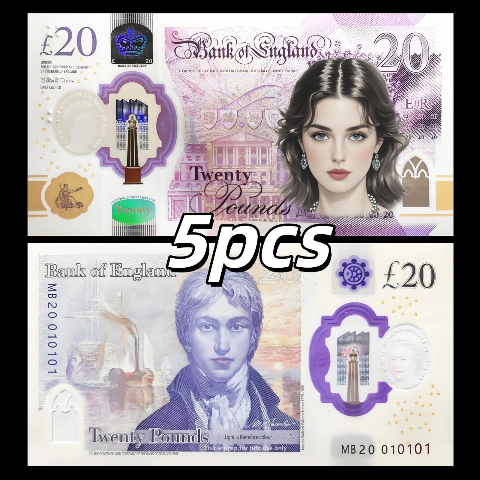 ENGLAND, 5Pcs Commemorative Notes 20 pounds, Monica Bellucci; Joseph Turner, UNC