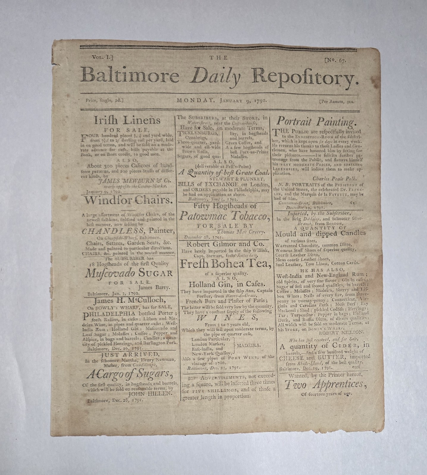 1792 Original Baltimore Newspaper St. Clair Frontier News Charles Willson Peale 