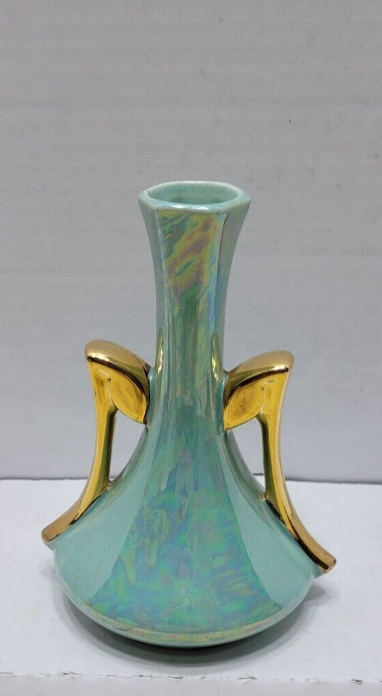 6 1/4 inch tall Mint Green Opalescent Bud Vase with 24kGold handles