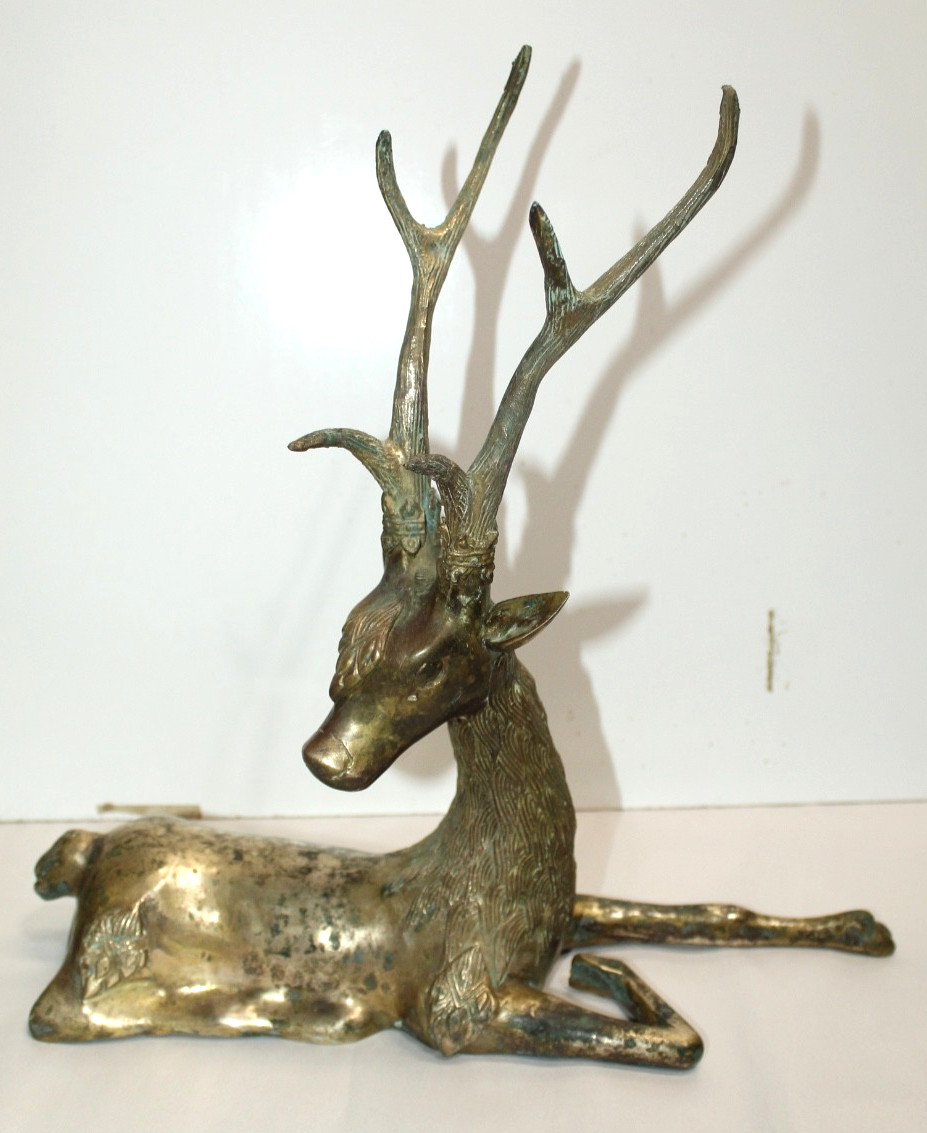Vintage MCM Hollywood Regency Solid Brass Resting Elk Deer Stag Statue 13