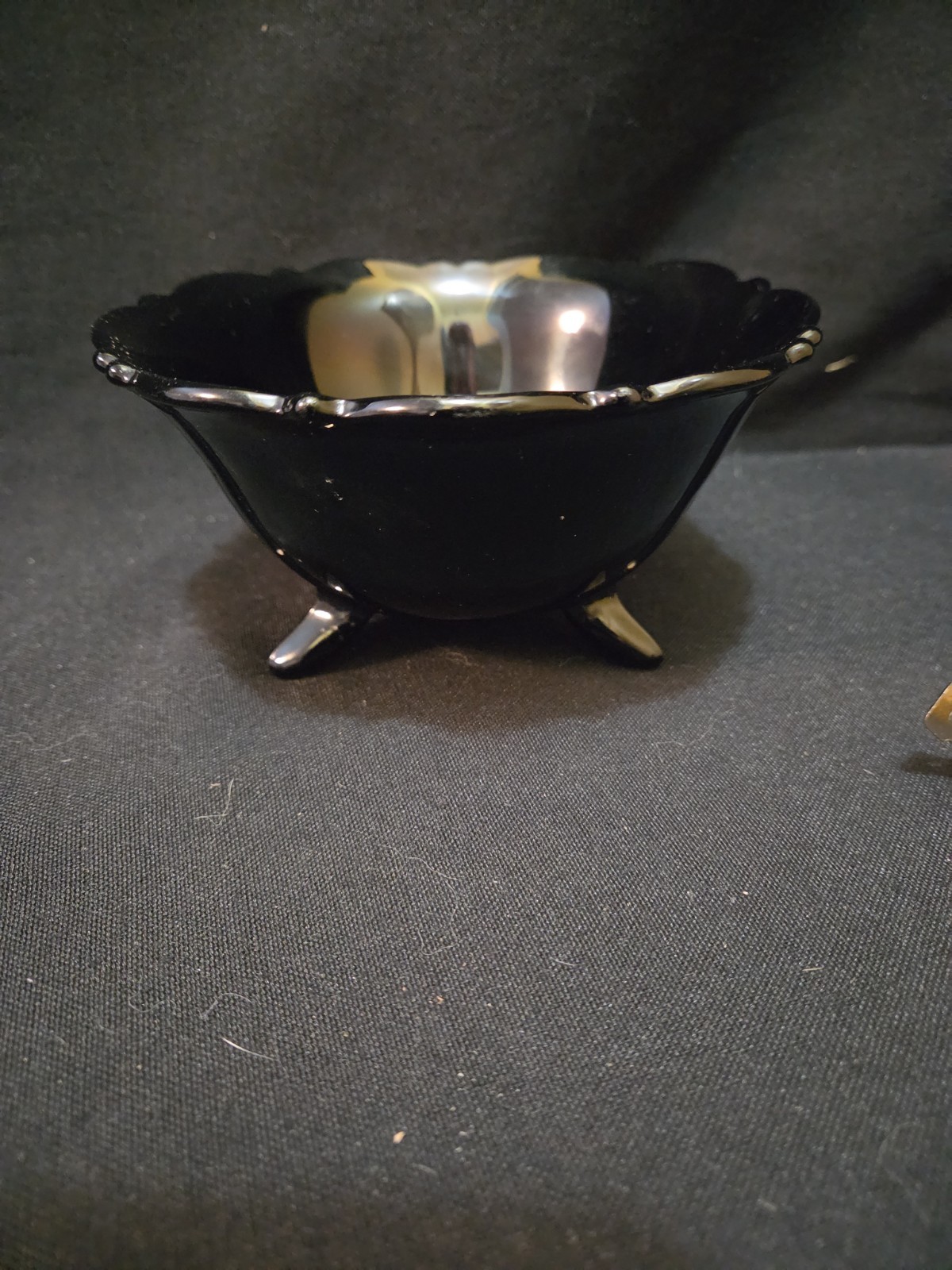 Vintage 3 FOOTED BLACK GLASS BOWL. 5 1/2 Vintage 3 FOOTED BLACK GLASS BOWL. 5 1/2