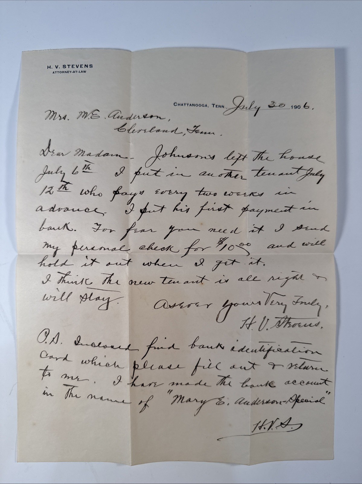 1906 Handwritten Chattanooga Tennessee Attorney Letter H V Stevens Cleveland