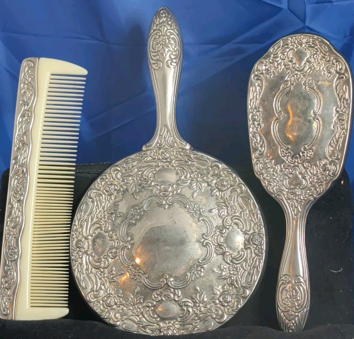 Vintage Silver-Plate 3 Piece Dresser Vanity Set Including Mirror, Brush & Comb