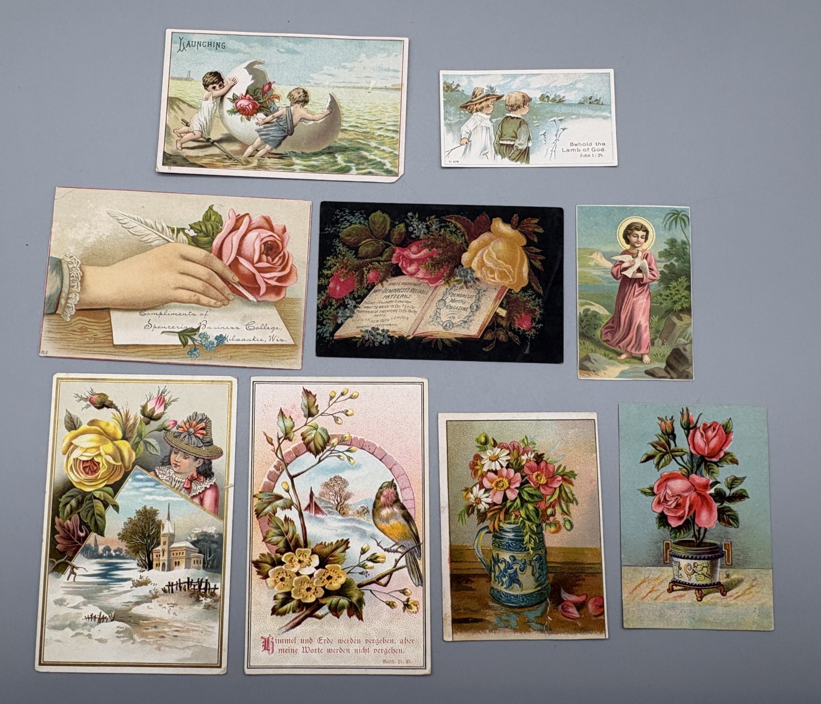 9- Victorian Antique Scrapbook Paper German Flowers Scenic Bible Verses Etc