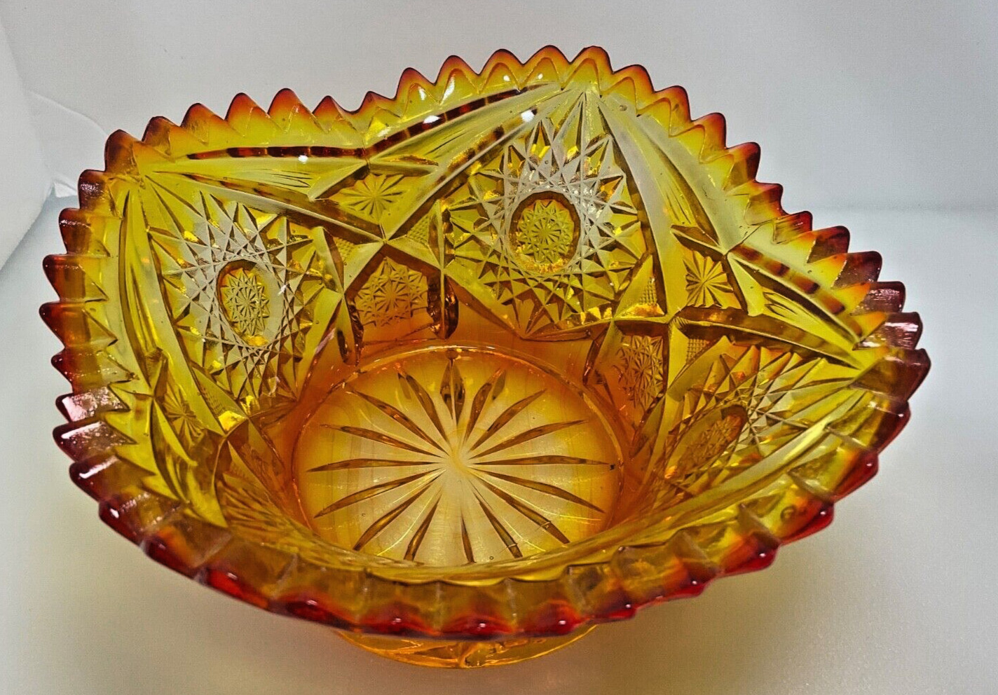 Amberina Cut Glass Bowl Hobstar Pattern Vintage Sawtooth Edge 5’’