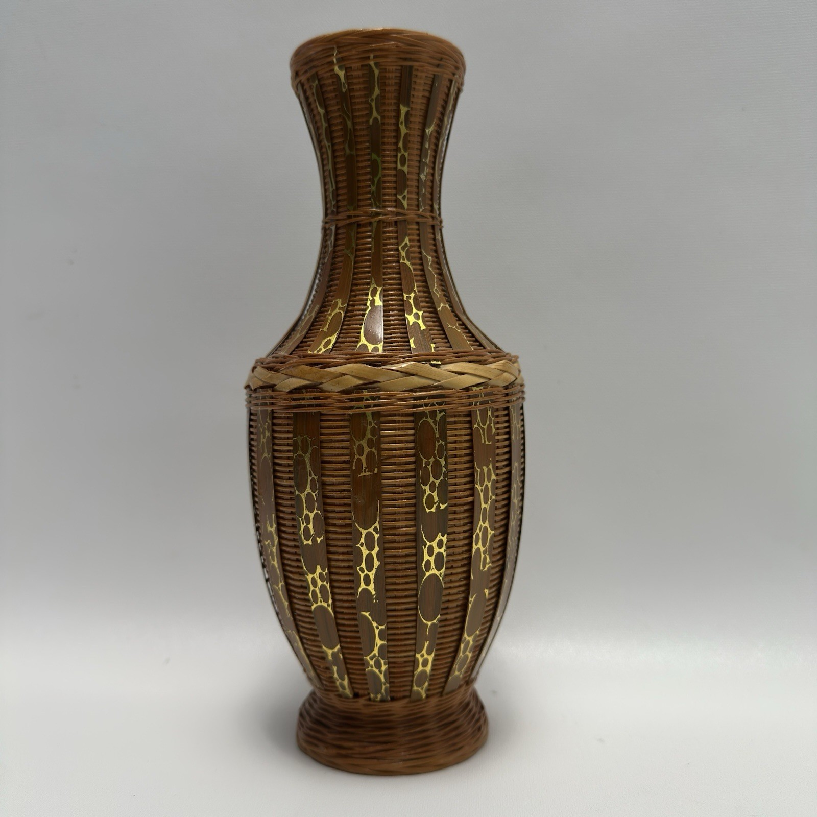 Vintage Zhejiang Chinese Woven Bamboo Rattan Vase Mottled Speckled Decor 1970s