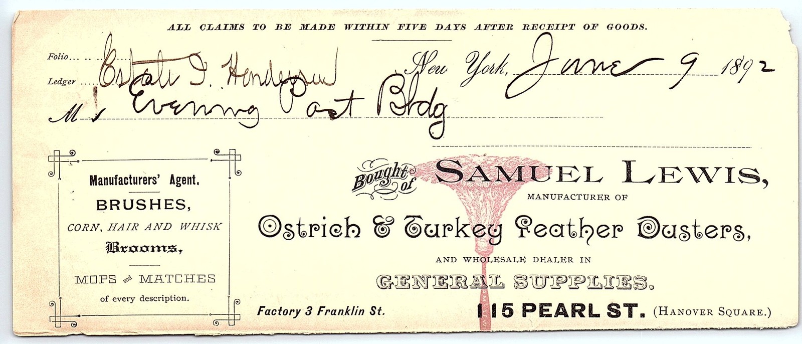 1892 Samuel Lewis Ostrich & Turkey Feather Dusters billhead