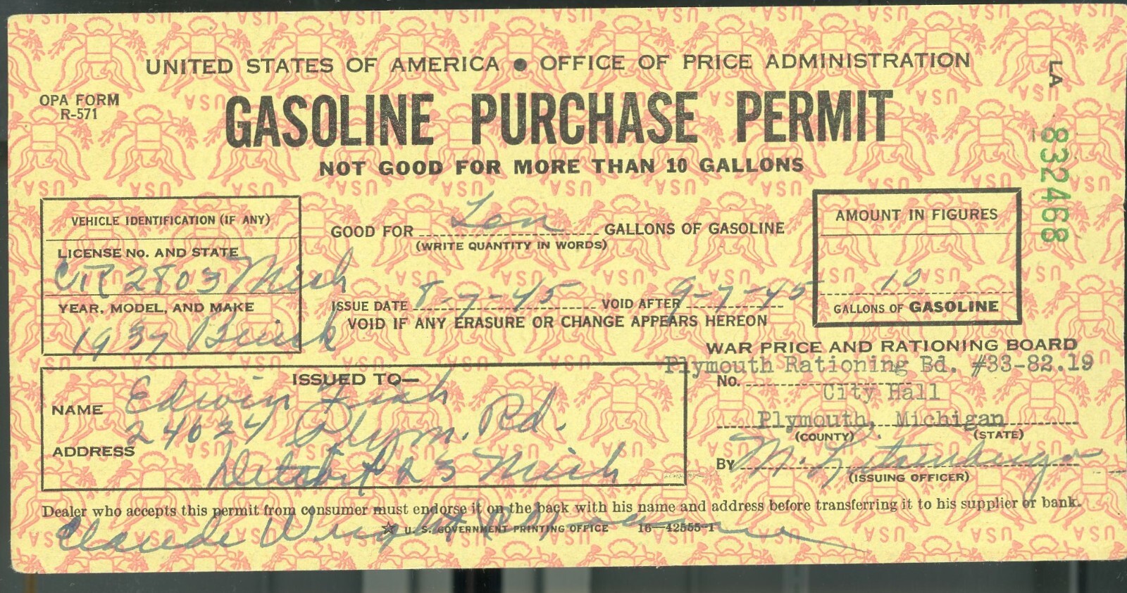 GASOLINE PURCHASE PERMIT-DETROIT, MICHIGAN-1937 BUICK-EDWIN FISH-WWII