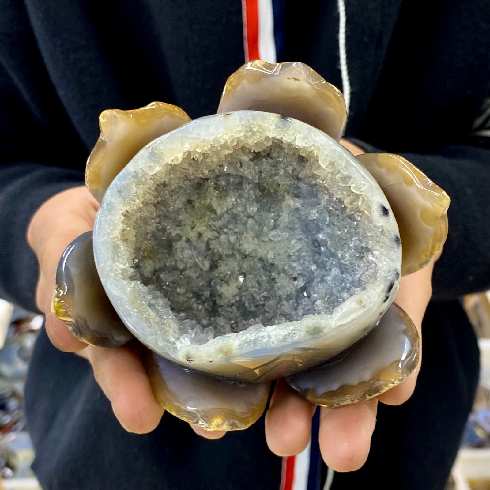 490G Natural Agate Geode Carved Lotus Flower, Hand Carved Healing Crystal Home