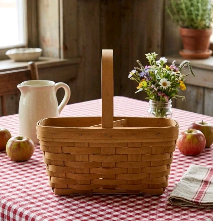 Vtg Longaberger Woven 1999 Basket W/Plastic Protector & Wooden Divider 10x6x4
