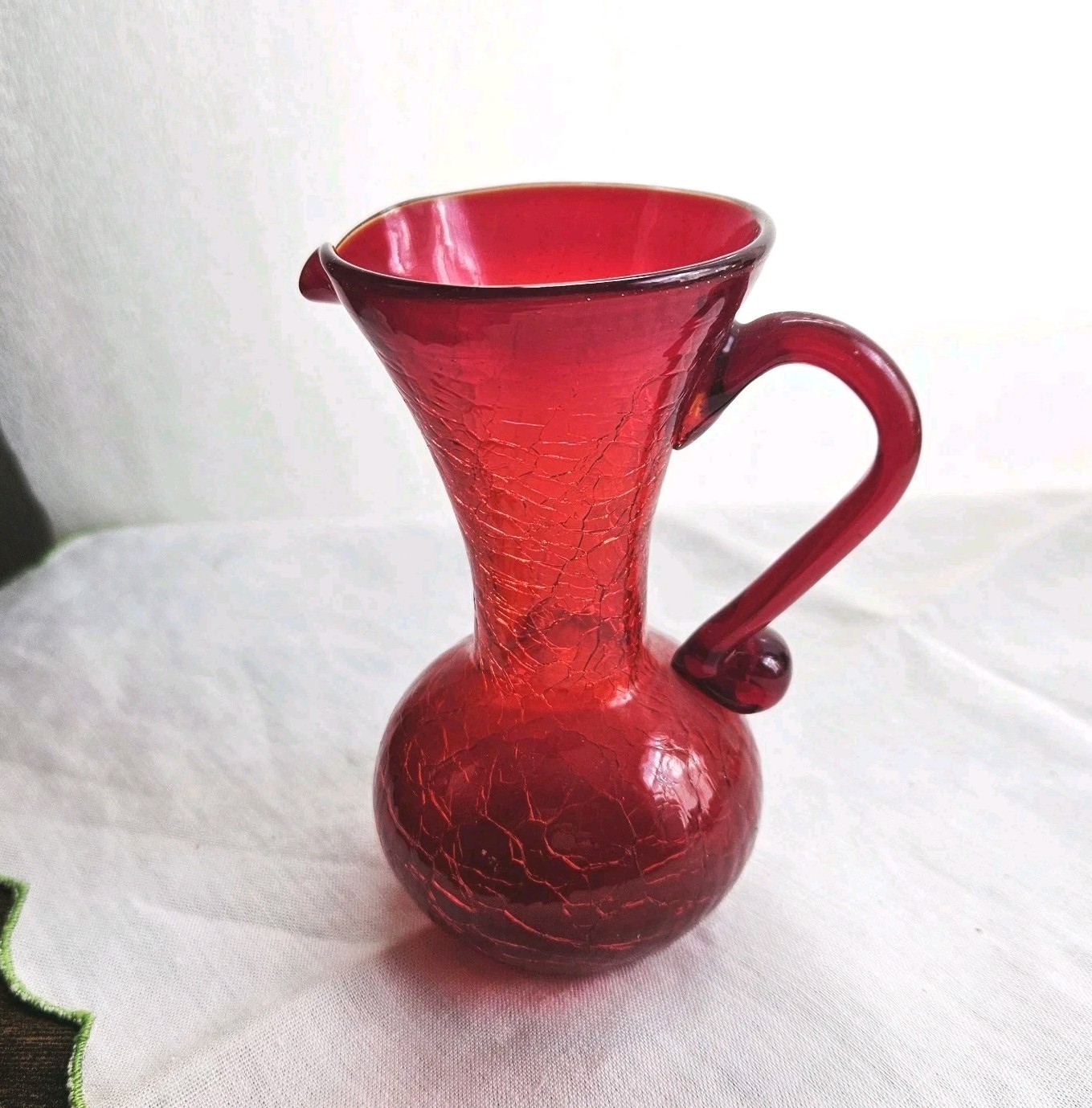 Ruby Red Crackle Glass Pitcher Pilgrim Hand Blown Vintage 