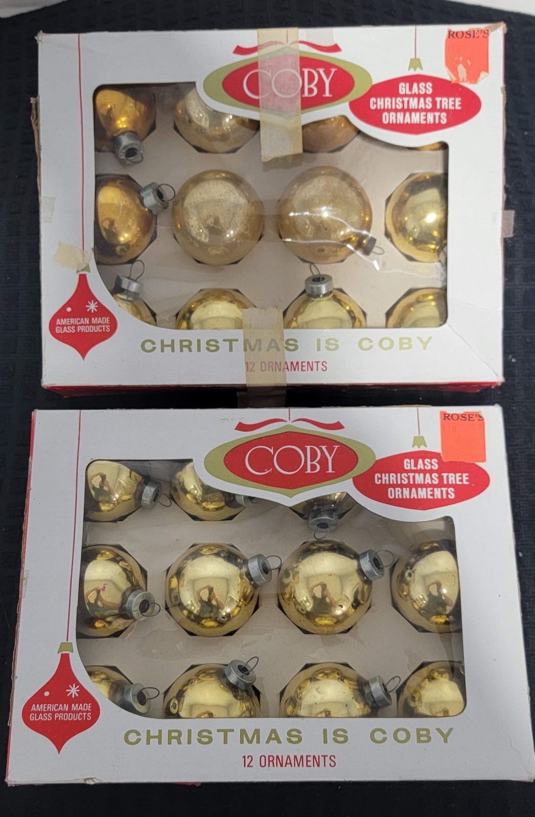 Vintage Coby Gold Glass Christmas Ornaments 24 Pc 2 Boxes USA Mid Century