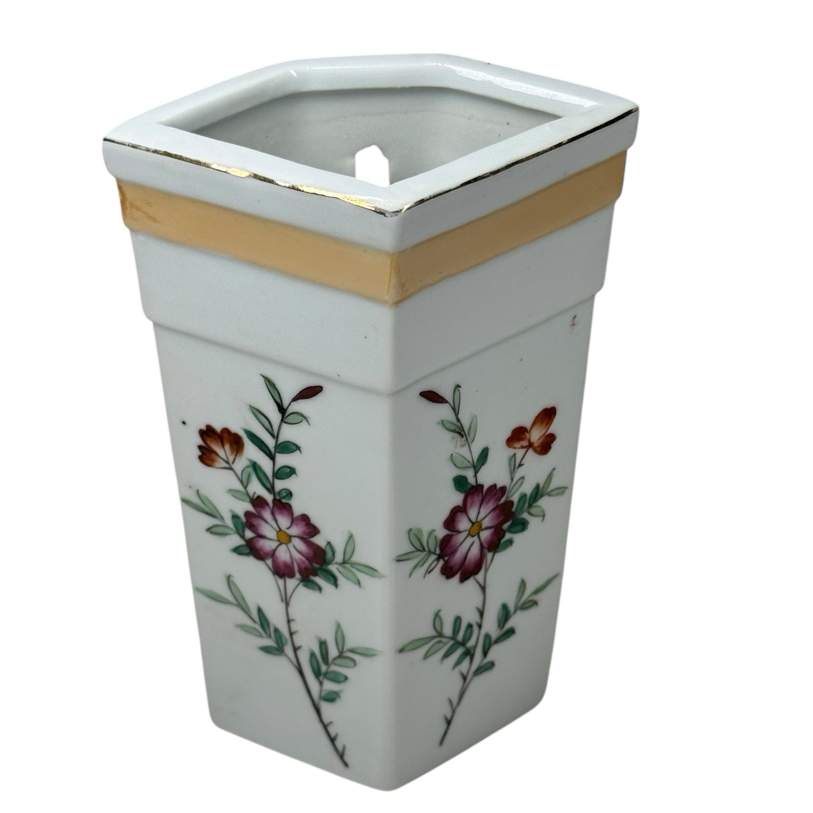 Porcelain Floral Wall Pocket Vase Pentagonal White Gold Trim Flat Back