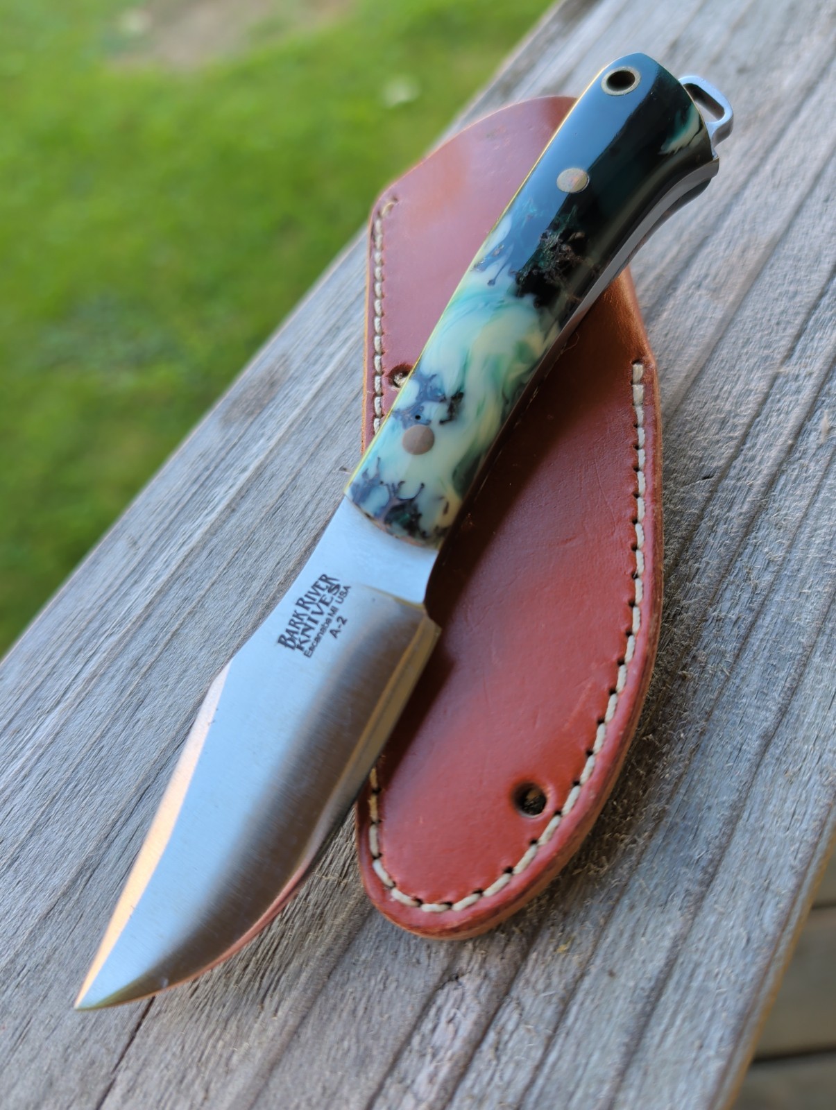 Bark River Trailmate A2 Knife Blue White Swirl Seedpod Resin Brass Sheath 7 Bark River Trailmate A2 Knife Blue White Swirl Seedpod Resin Brass Sheath 7