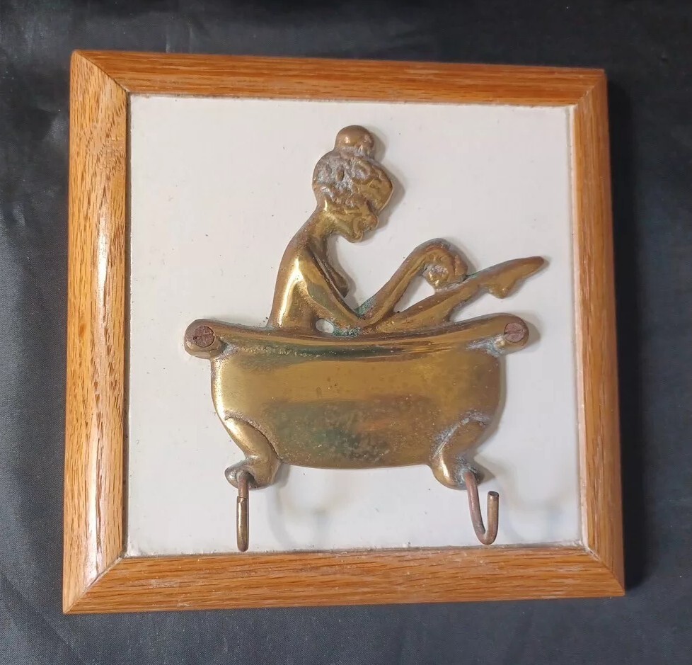 Vintage Brass Bathing Lady Women Clawfoot Tub Bathroom Wall Hook Sign MidCentury