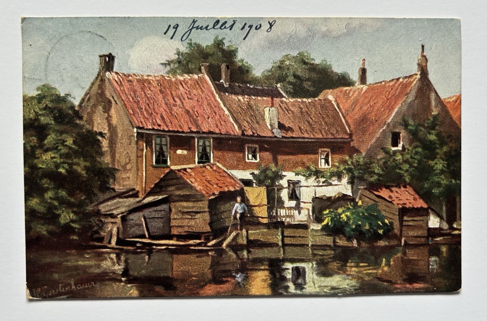 1908 Dutch Canal Waterfront Houses Scene Antique Europe Postcard F4