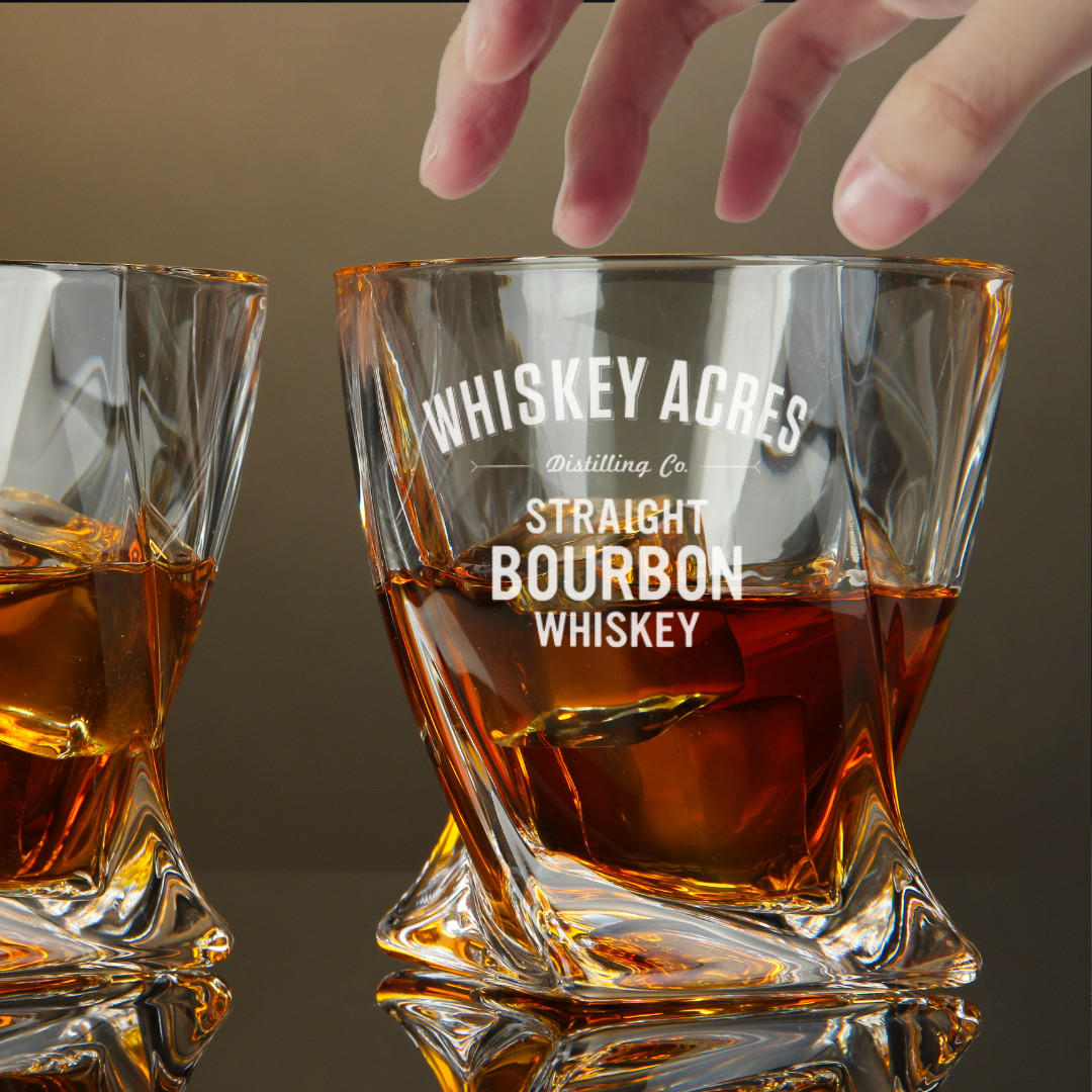 Custom Engraved Whiskey Acres Bourbon Glass – 10 oz Twisted Rocks Glass Custom Engraved Whiskey Acres Bourbon Glass – 10 oz Twisted Rocks Glass