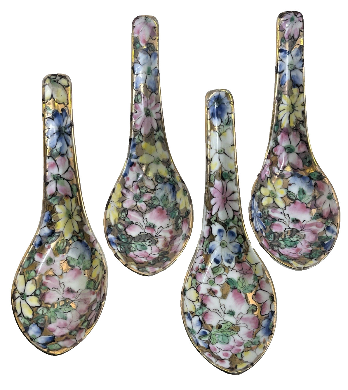 4 Vintage Chinese Porcelain Spoons Hand Painted Gold Gilt Hong Kong Art #4/732