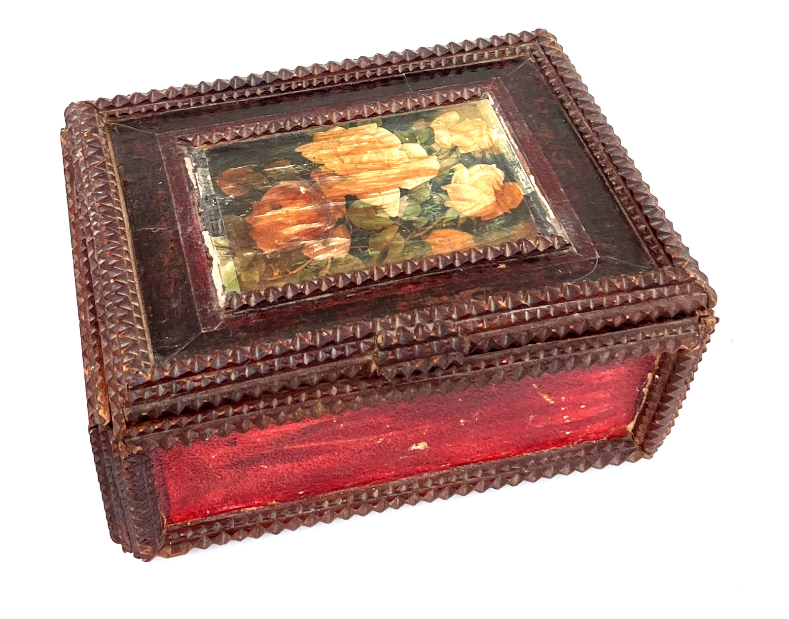 Tramp FolkArt Carved Wooden Box,  Red w/Floral Appliqué 9 3/4\