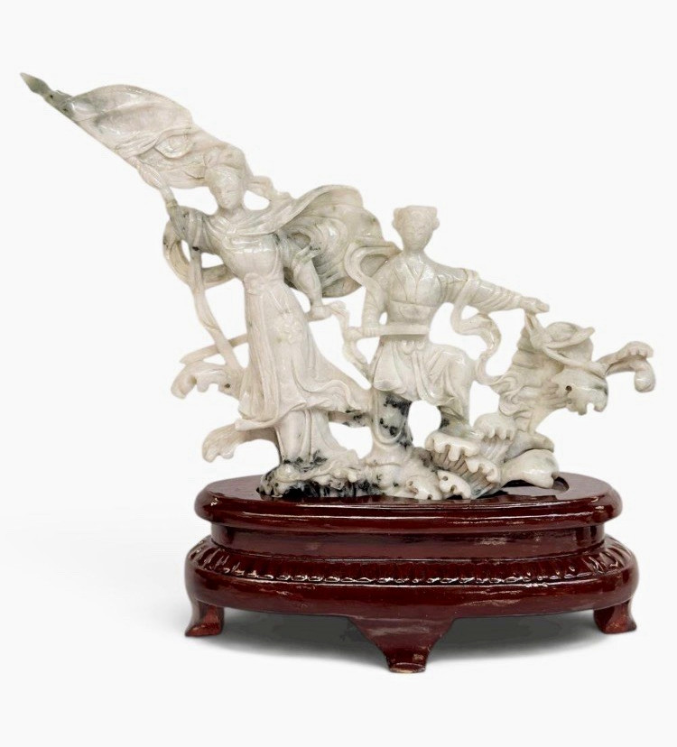 Chinese Carved White Jadeite Figure Scene Group Statue on Wooden Stand/Base