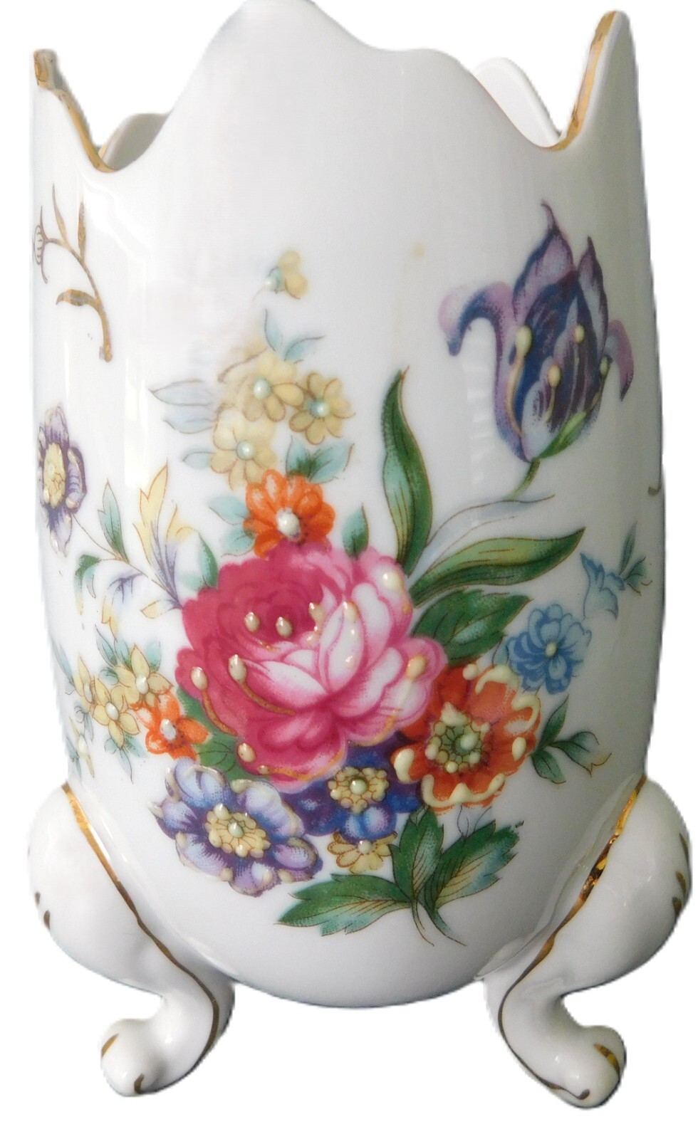 Beckwith Floral Egg-Shaped Vase Tri-Footed w/Gold Rim 6