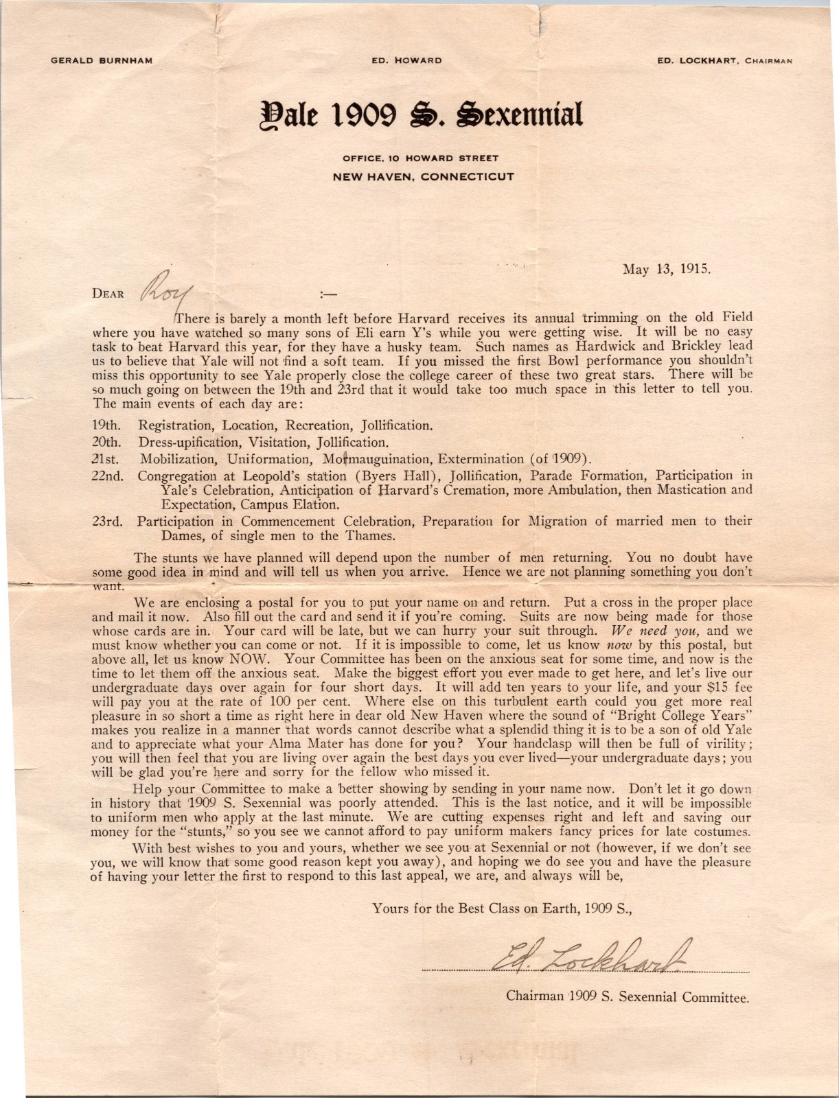C1909 YALE UNIVERSITY LETTERHEAD SEXENNIAL signed by Ed Lockhart chairman