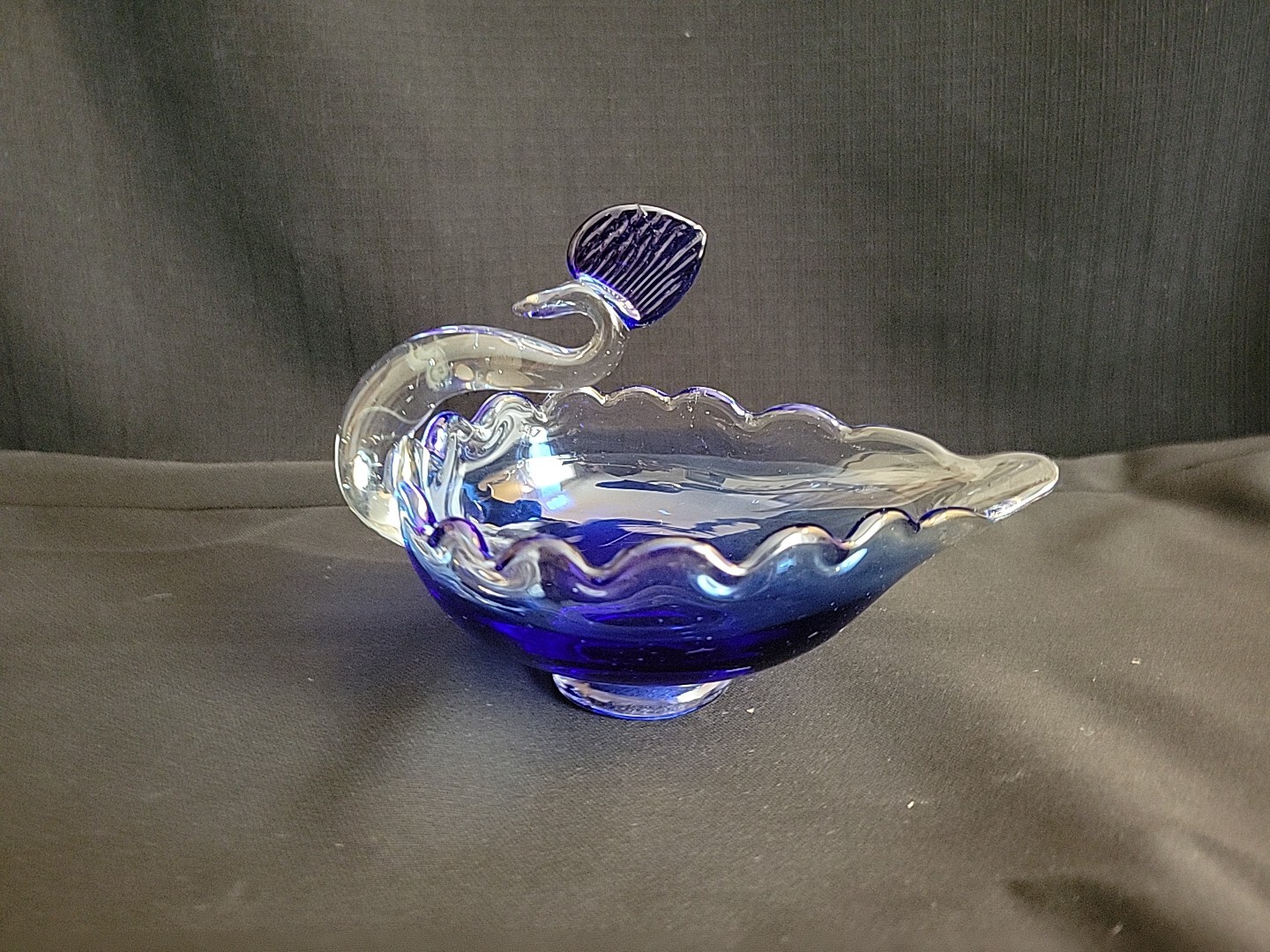 Vintage Handblown Cobalt Blue and Clear Glass Swan Footed Trinket Dish 7x5