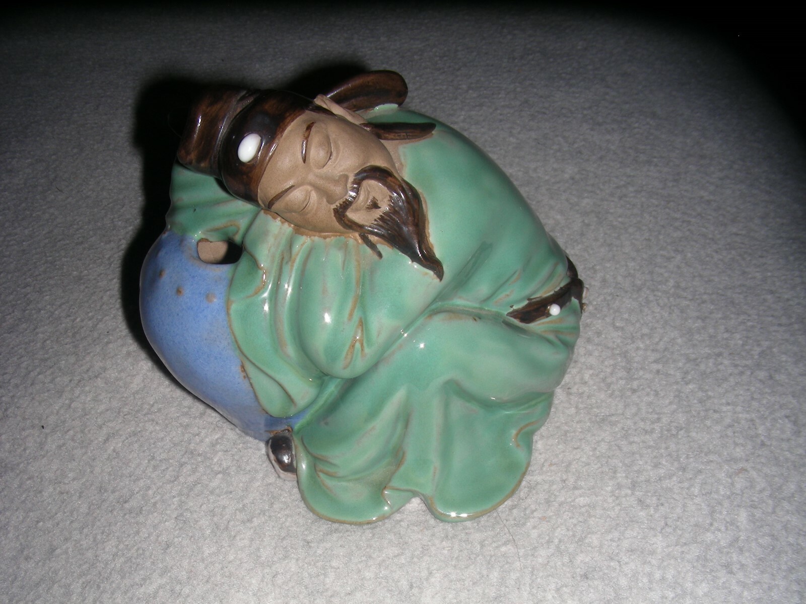 Oriental Asian Ceramic Pottery Brown Clay Mud Man Figurine Napping on Basket