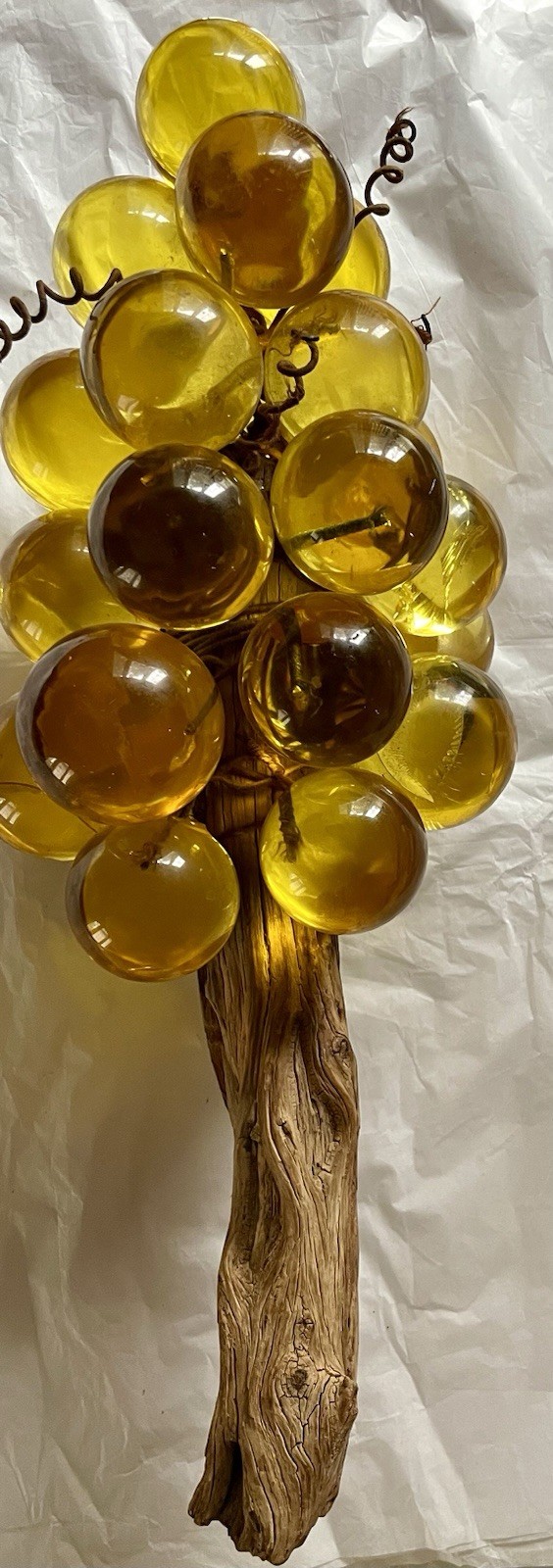 Italian Yellow Vintage MCM  Lucite  Acrylic Large Grapes With Drift Wood Heavy