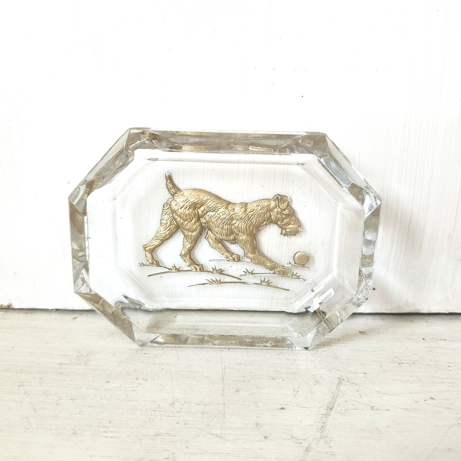 RARE Vtg *READ* Czech HOFFMAN Painted Glass Intaglio Open Salt WIRE FOX TERRIER RARE Vtg *READ* Czech HOFFMAN Painted Glass Intaglio Open Salt WIRE FOX TERRIER