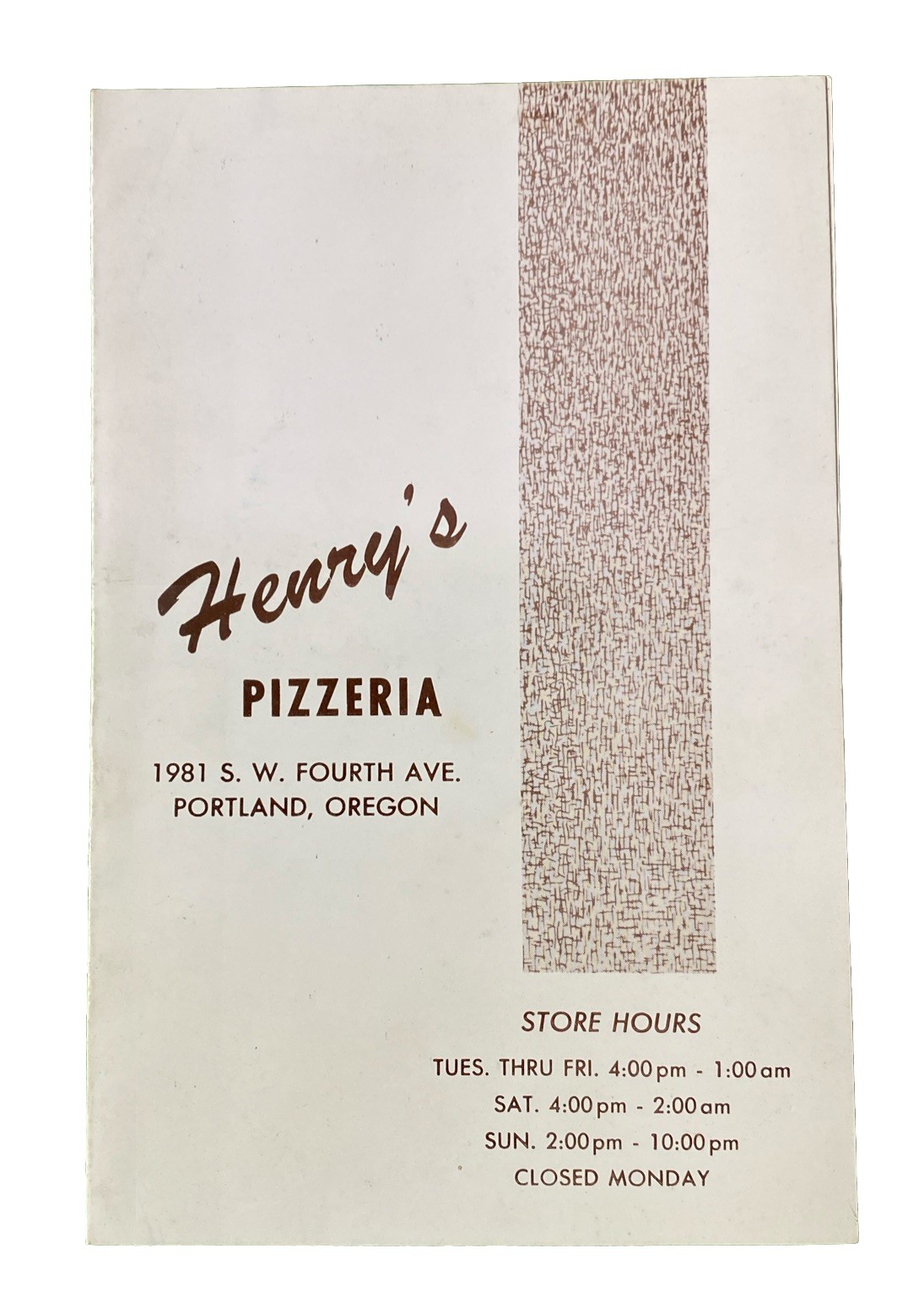 Henry's Pizzeria PIzza Restaurant Vintage 1950s Menu Portland Oregon OR