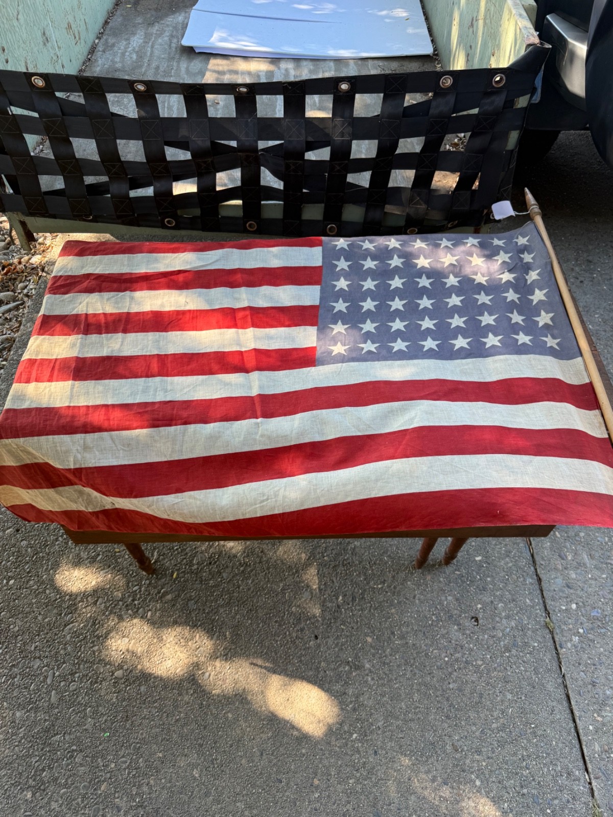 Antique 48 Star American Flag 1912-1959 Cotton USA Flag w/ Wood Pole Vintage